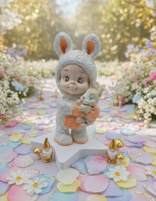 Mărturie ceramică 
figurină copil în 
costum iepuraș alb, 
handmade, pictat 
manual