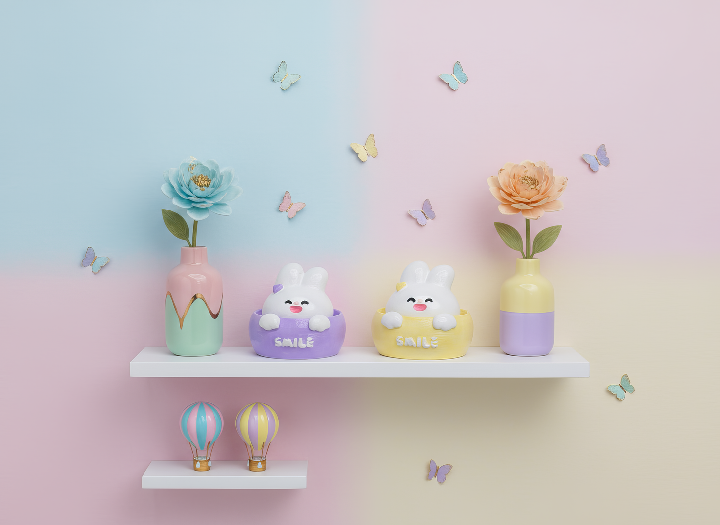 Figurină decorativă ceramică iepuraș cu mesaj ‘Smile’, în 
aranjament pastel