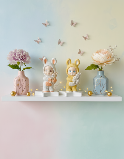 Figurină decorativă 
ceramică pentru 
botez sau aniversare, 
copil în costum de 
iepuraș