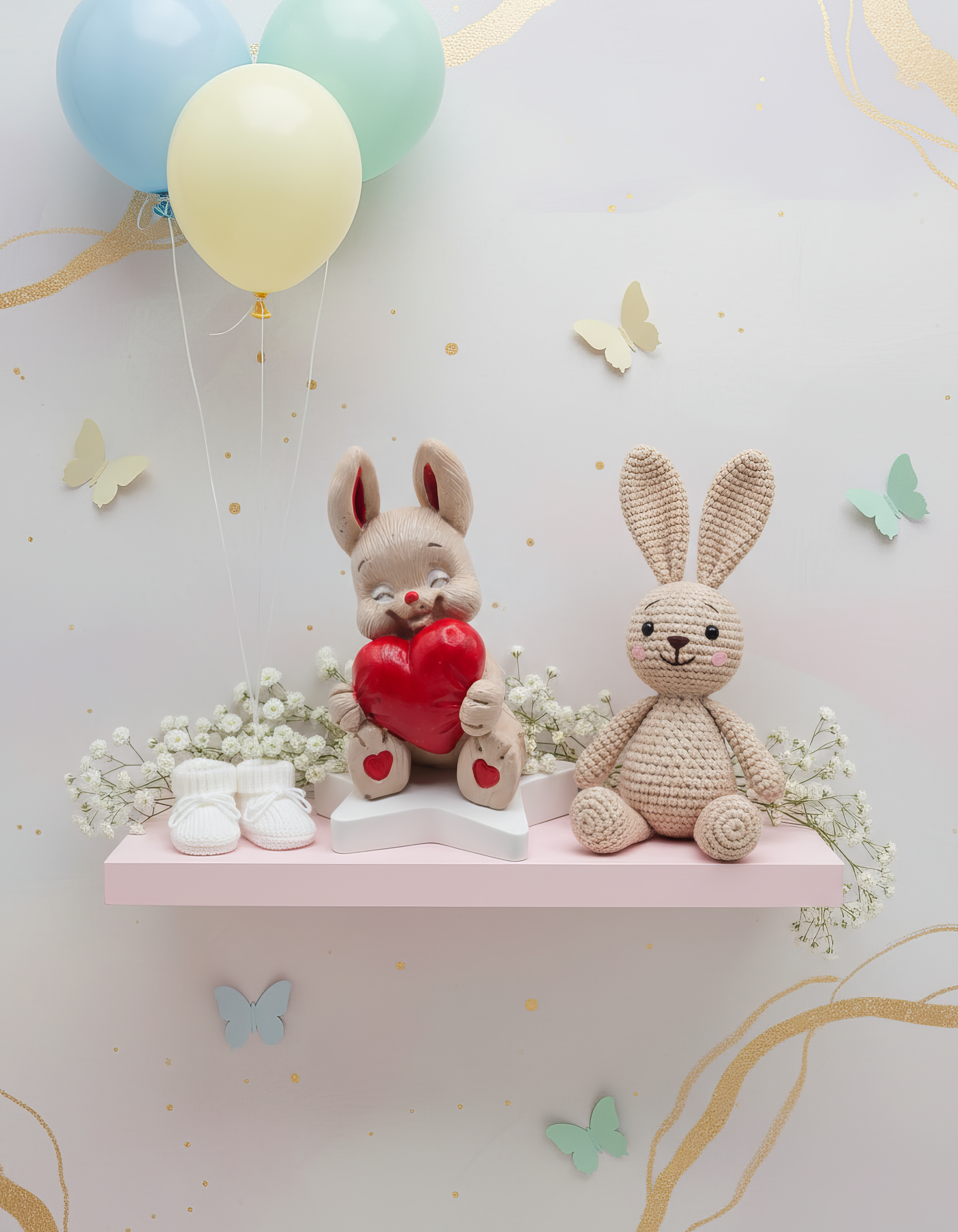 Amintire botez sau baby shower, figurină 
decorativă iepuraș cu inimă colorată