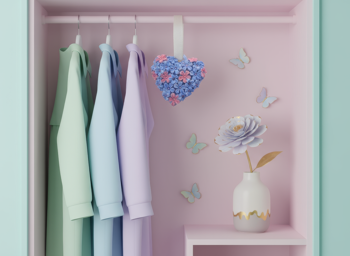 Deodorant decorativ dulap inimă florală cu flori albastre 
și roz