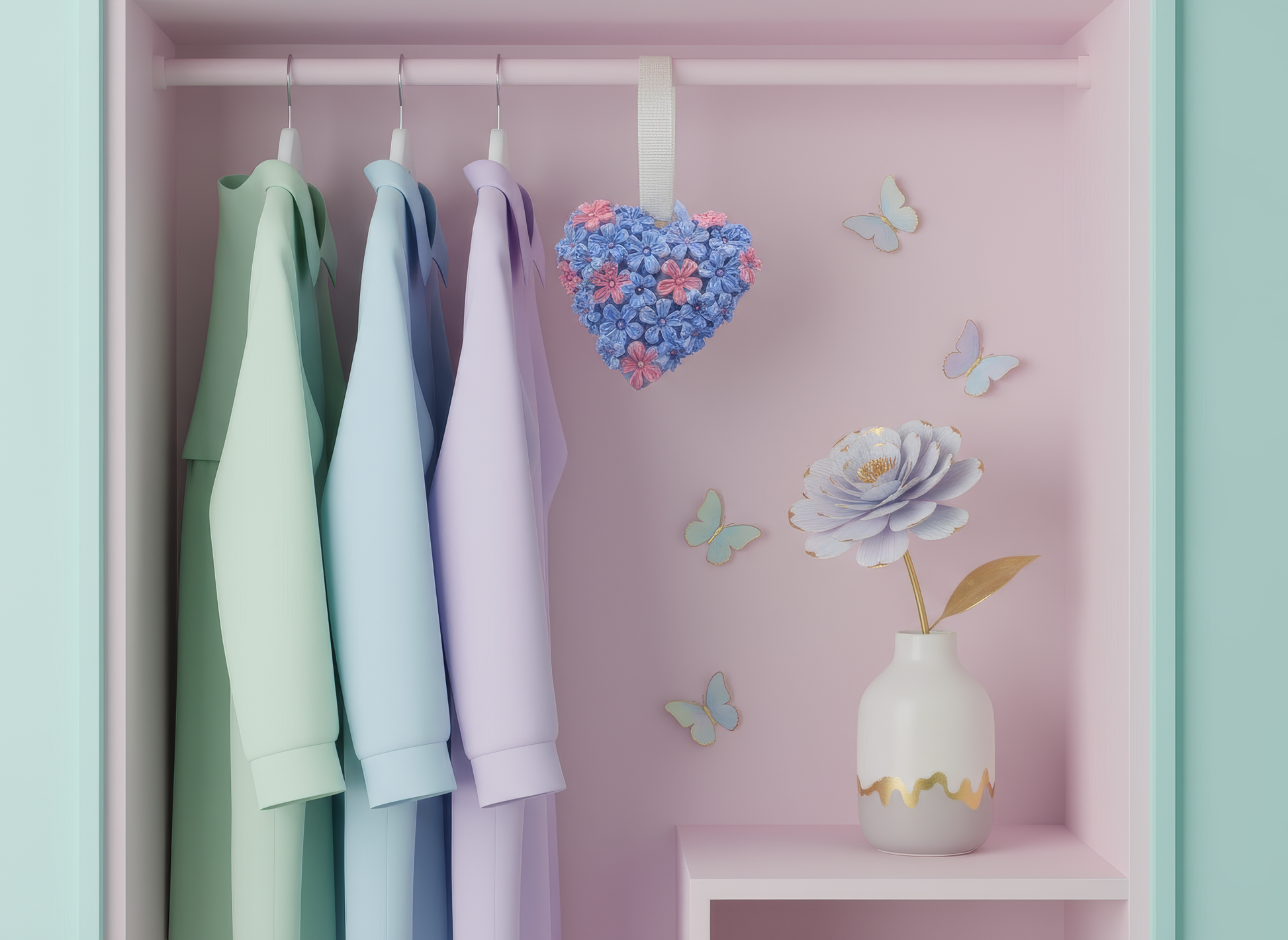 Deodorant decorativ dulap inimă florală cu flori albastre 
și roz