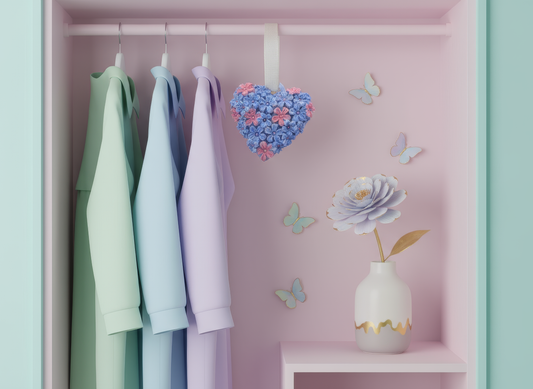 Deodorant decorativ dulap inimă florală cu flori albastre 
și roz