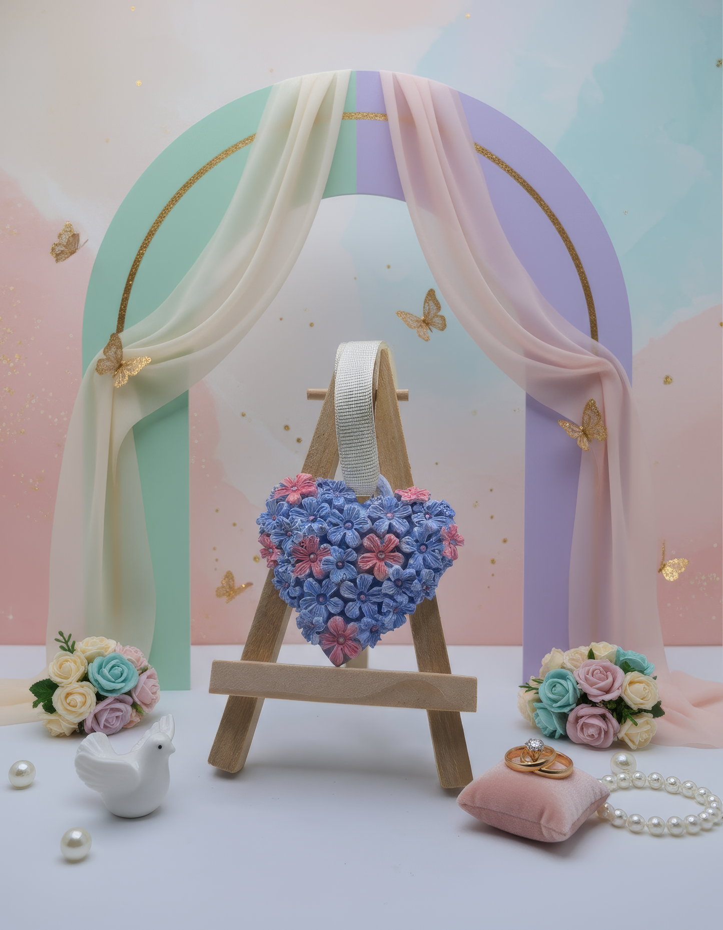 Mărturie nuntă inimă florală parfumată, handmade, cu flori 
în relief