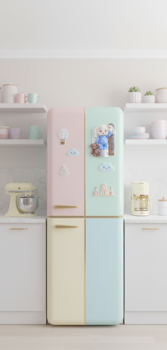 Magnet ceramic iepuraș cu pijama albastră, ursuleț de pluș 
și riglă decorativă, handmade, pictat manual