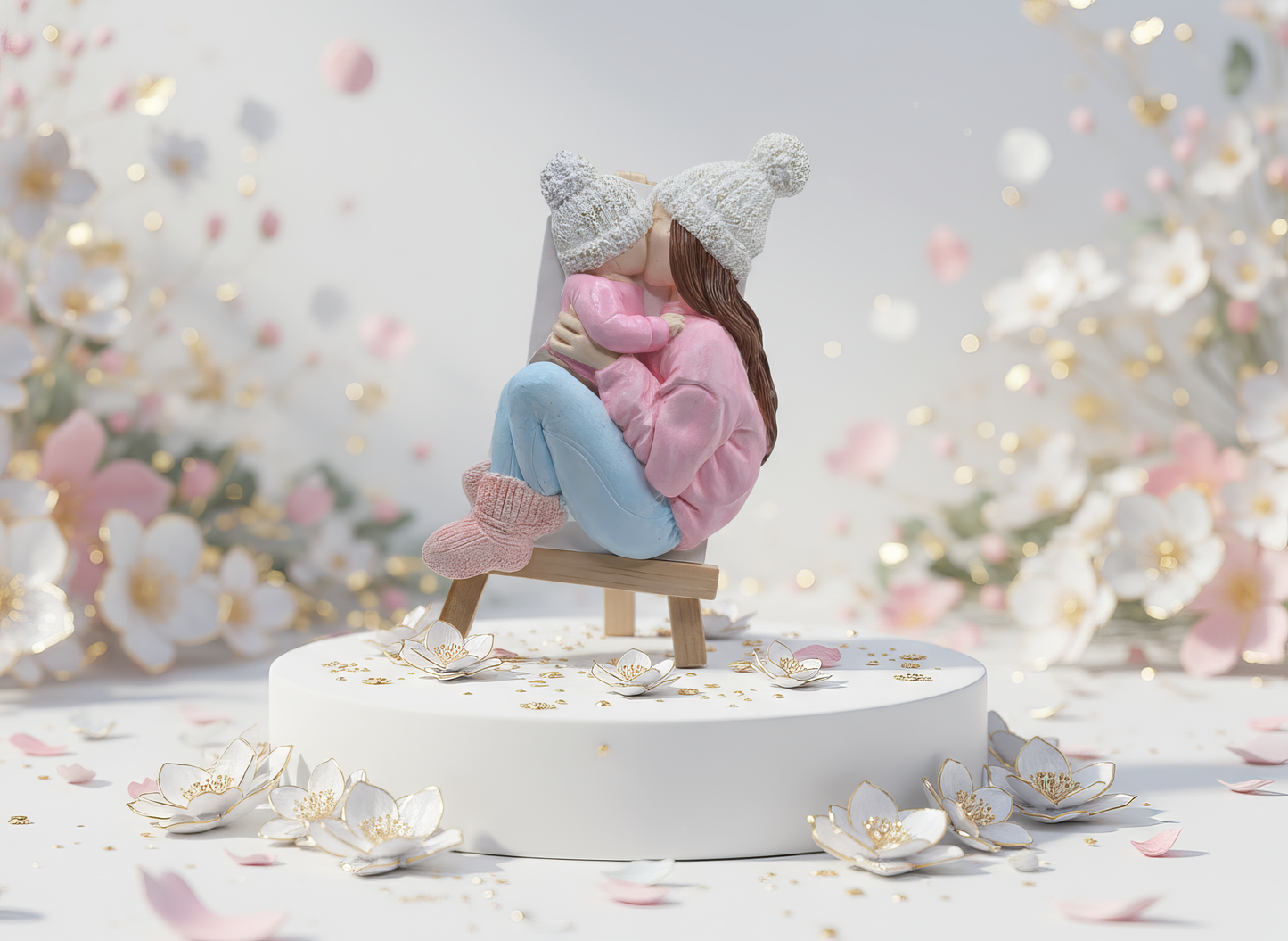 Mărturie ceramică mamă cu copil, prezentare florală și 
delicată