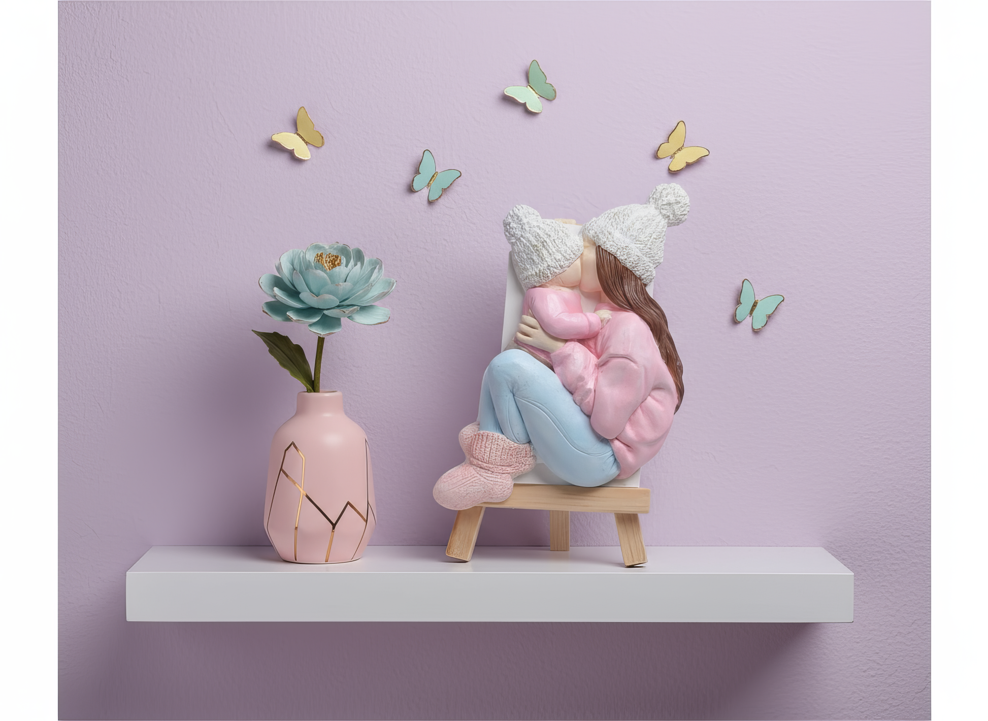 Mărturie ceramică handmade, mamă cu copil în brațe, 
decor pastel