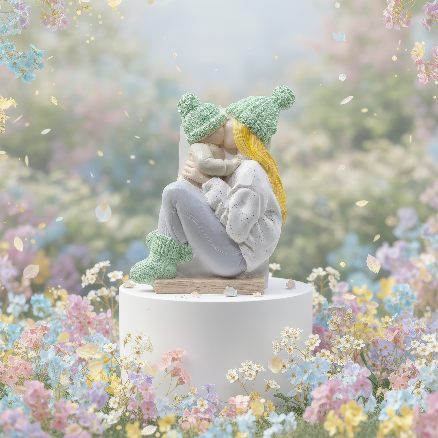 Mărturie ceramică mamă cu copil, prezentare florală și 
delicată