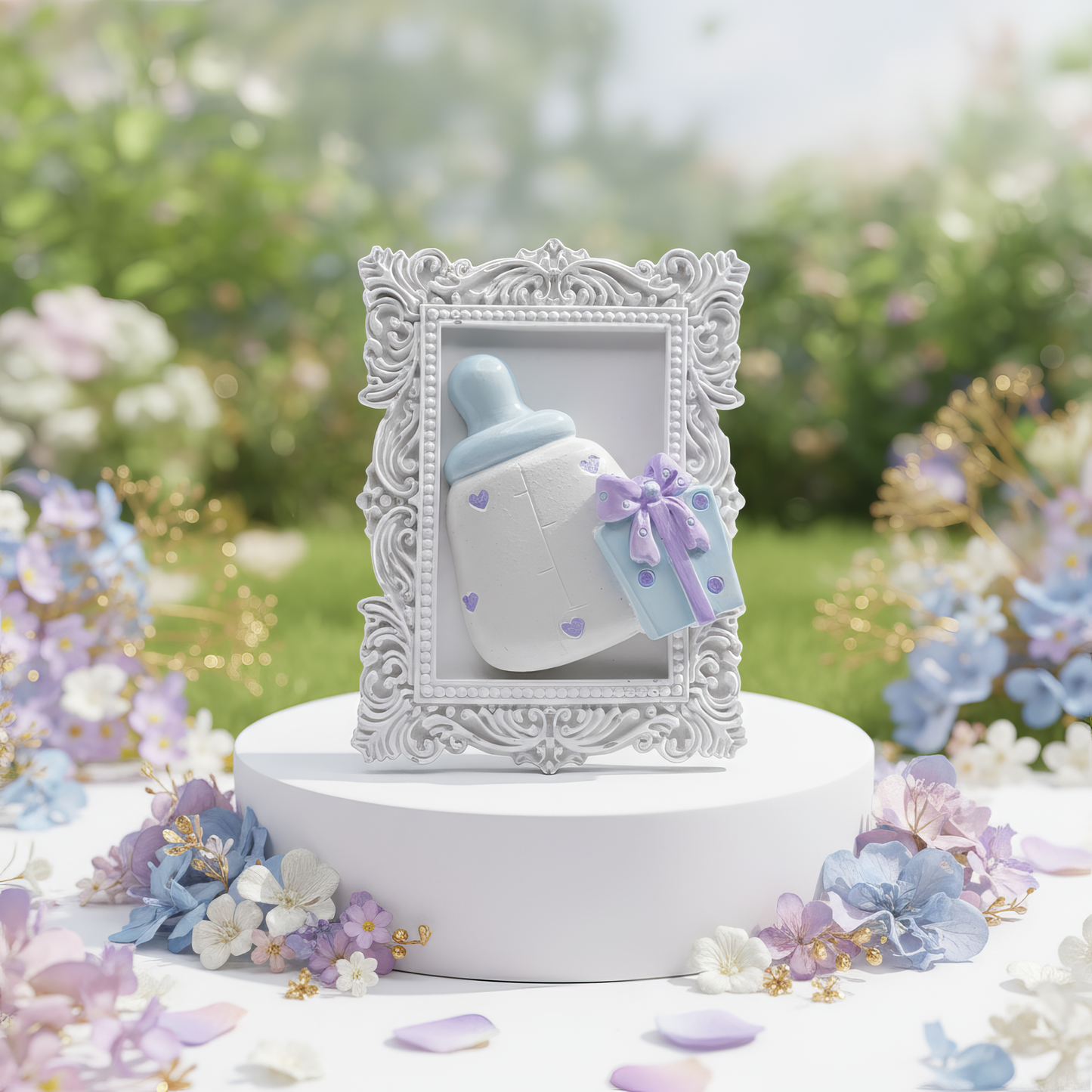 Mărturie botez ceramică ramă biberon pastel, decorată 
cu fundiță și cadou