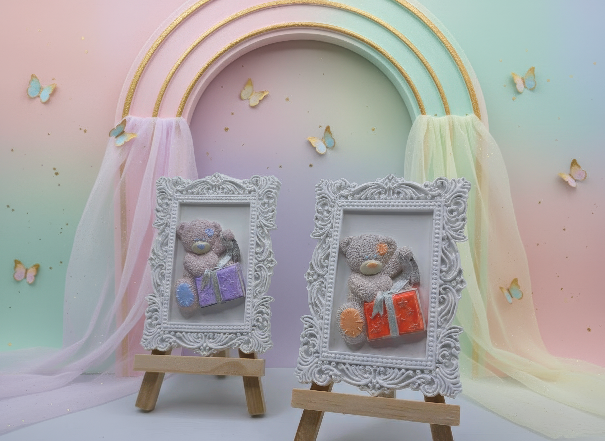 Amintire botez ramă ceramică ursuleț cu cadou, culori 
pastel, personalizabilă