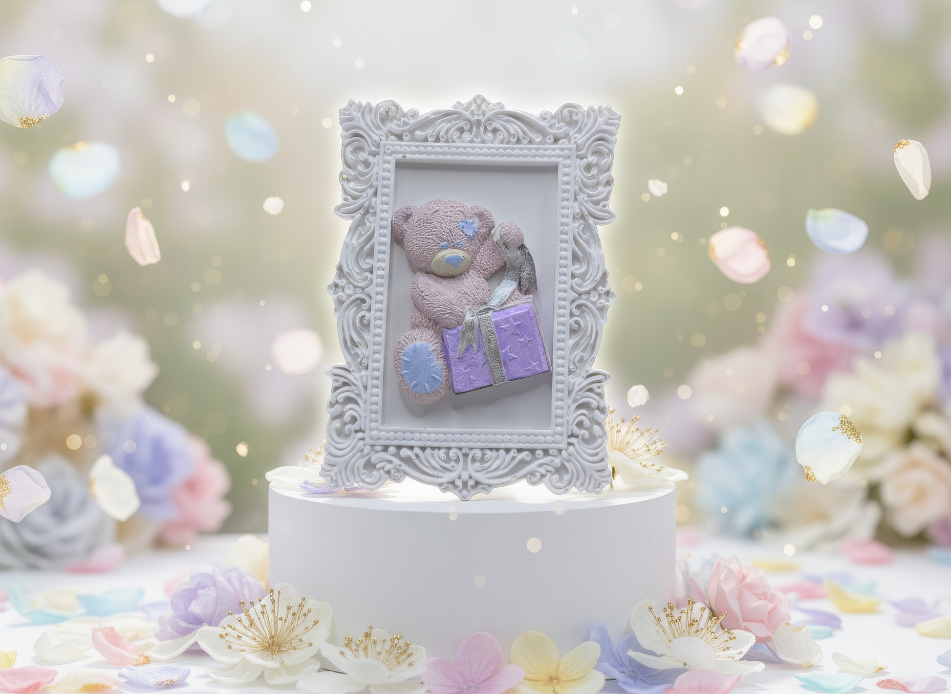 Mărturie ceramică ramă ursuleț cadou, prezentare decor 
pastel cu jucării și flori