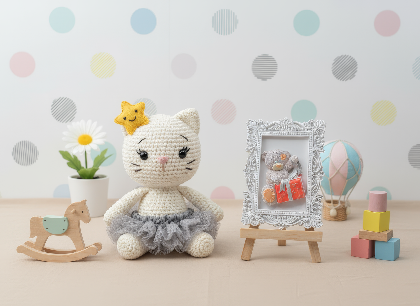 Mărturie ceramică ramă ursuleț cadou, prezentare decor 
pastel cu jucării și flori