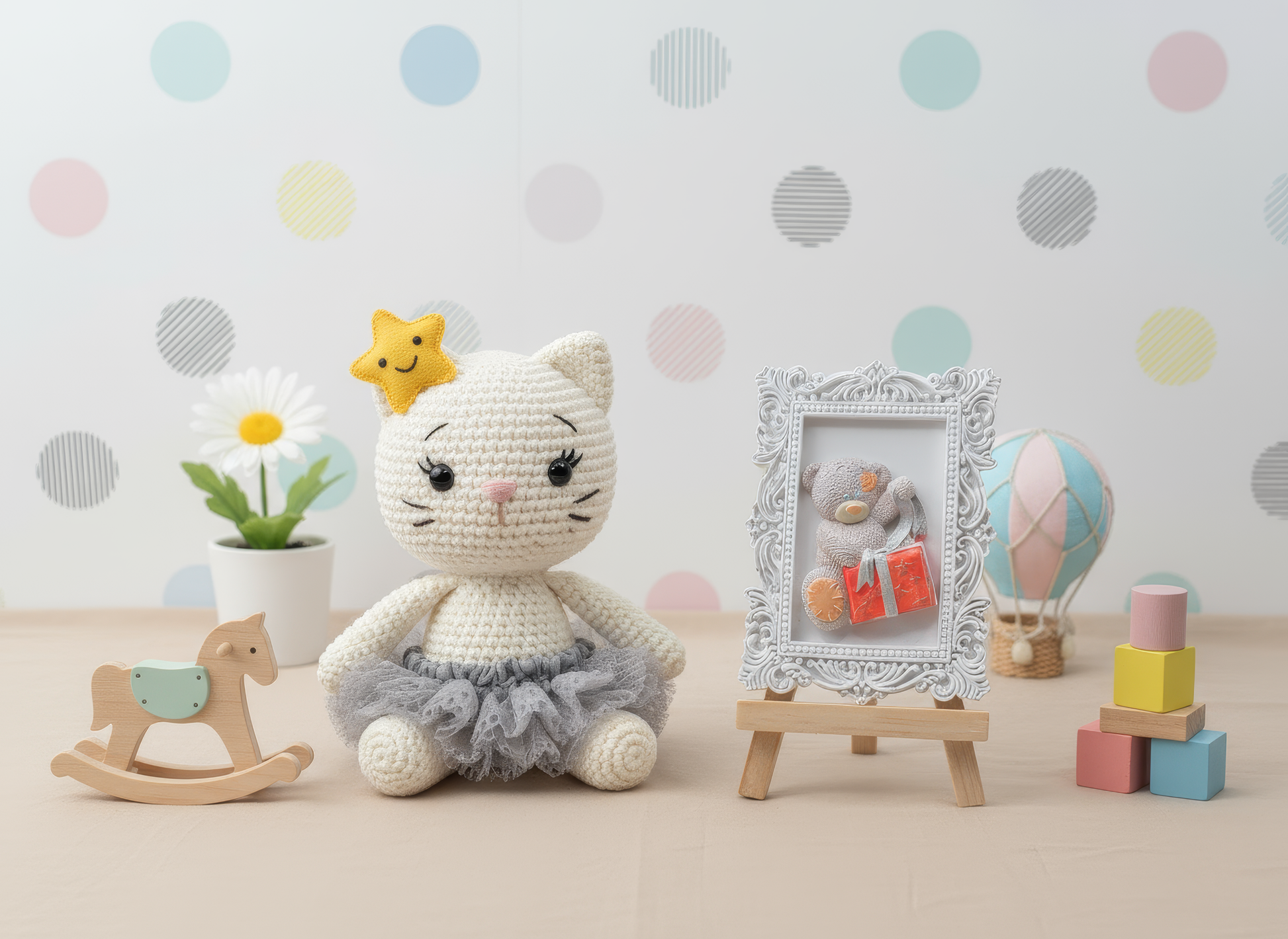 Mărturie ceramică ramă ursuleț cadou, prezentare decor 
pastel cu jucării și flori