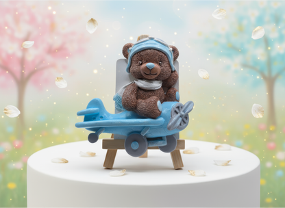 Mărturie ceramică handmade, ursuleț cu avion, pictată 
manual, detalii elegante