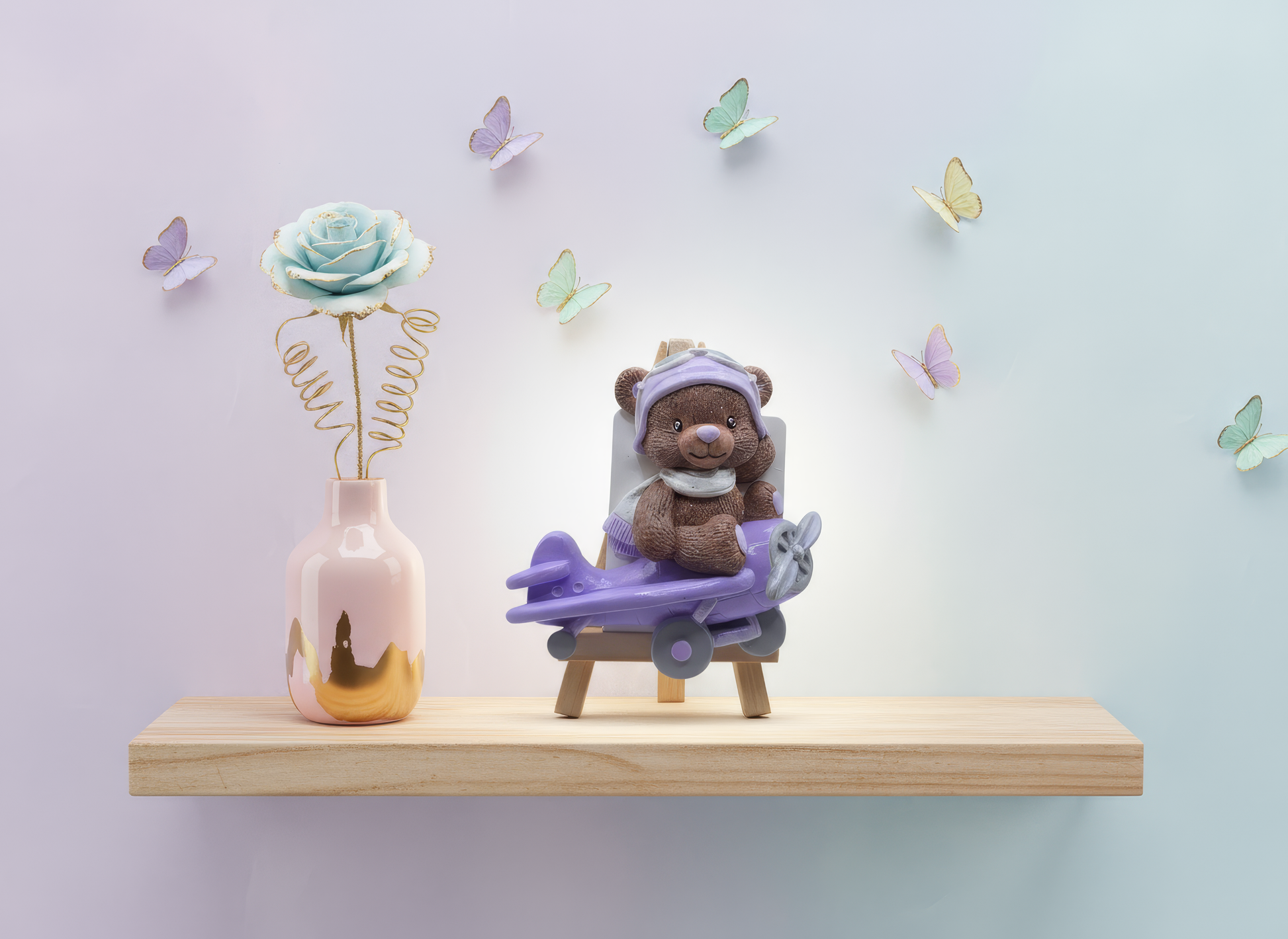 Mărturie ceramică ursuleț aviator cu avion mov, 
handmade, pictată manual