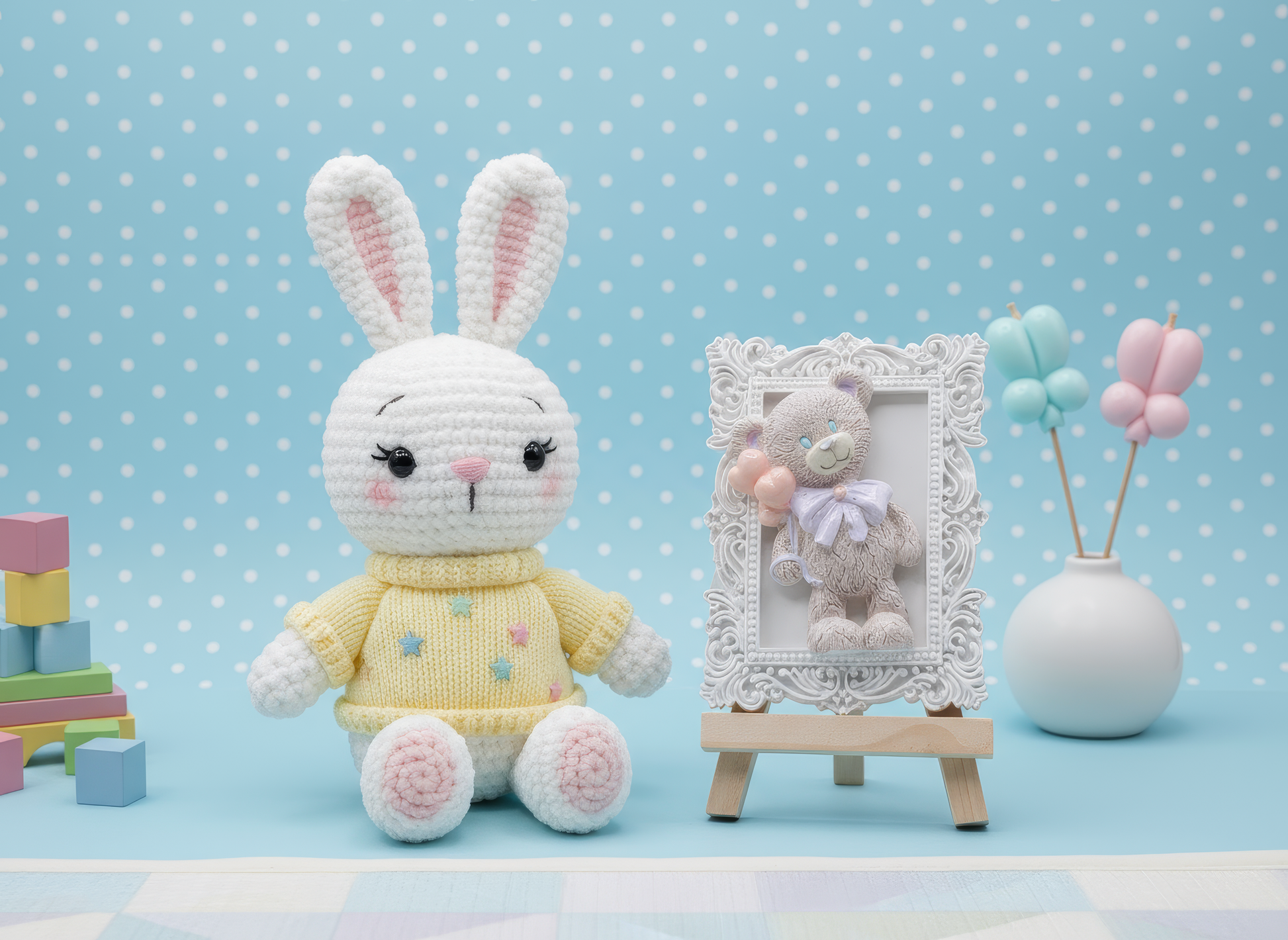 Amintire botez ramă cu ursuleț și baloane, culori 
personalizabile, pictată manual