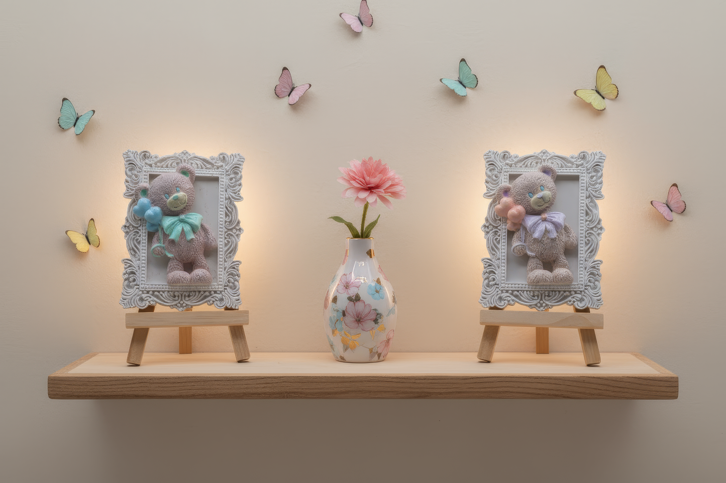 Amintire botez ramă cu ursuleț și baloane, culori 
personalizabile, pictată manual