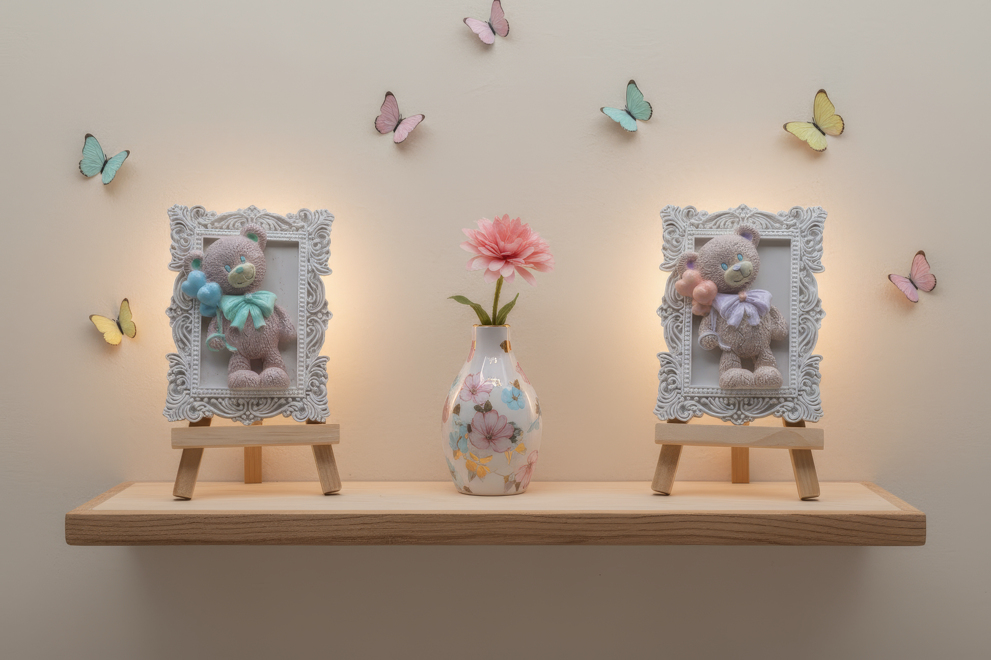 Amintire botez ramă cu ursuleț și baloane, culori 
personalizabile, pictată manual