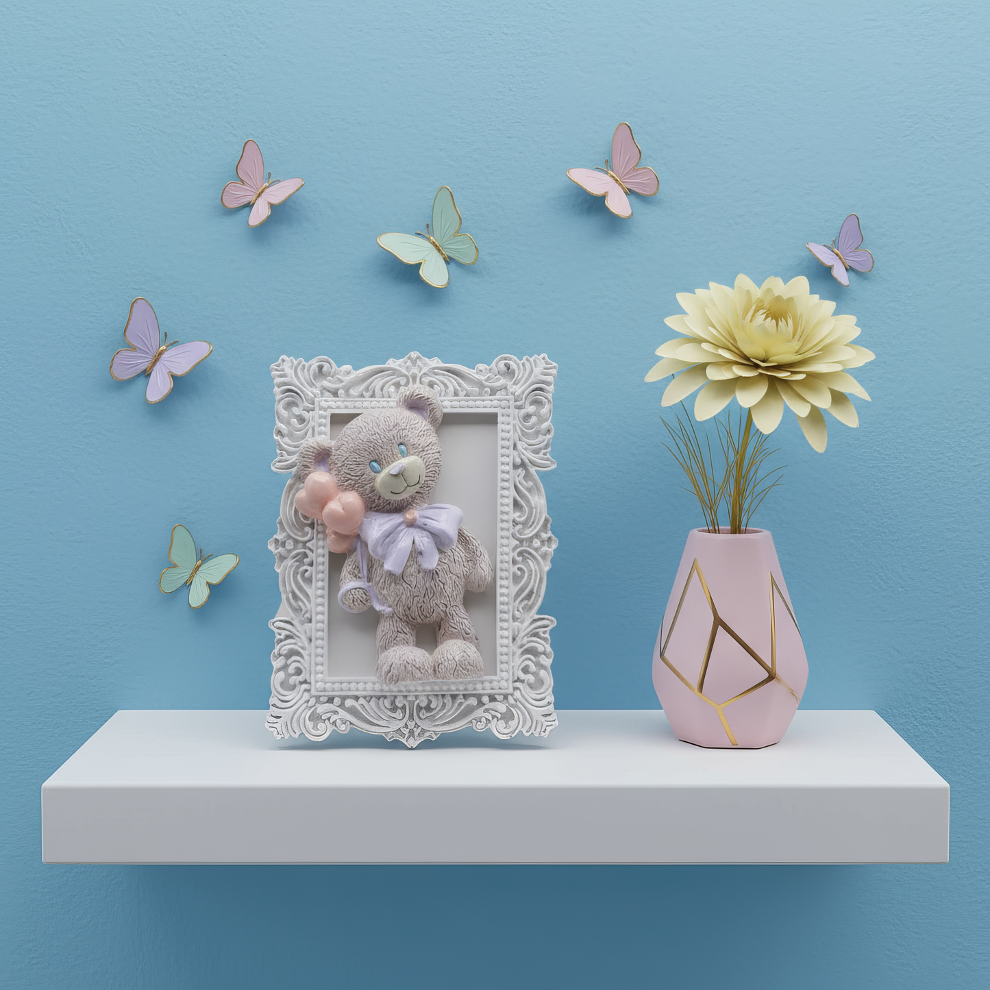 Mărturie ceramică ramă cu ursuleț și baloane pastel, 
handmade, pictată manual