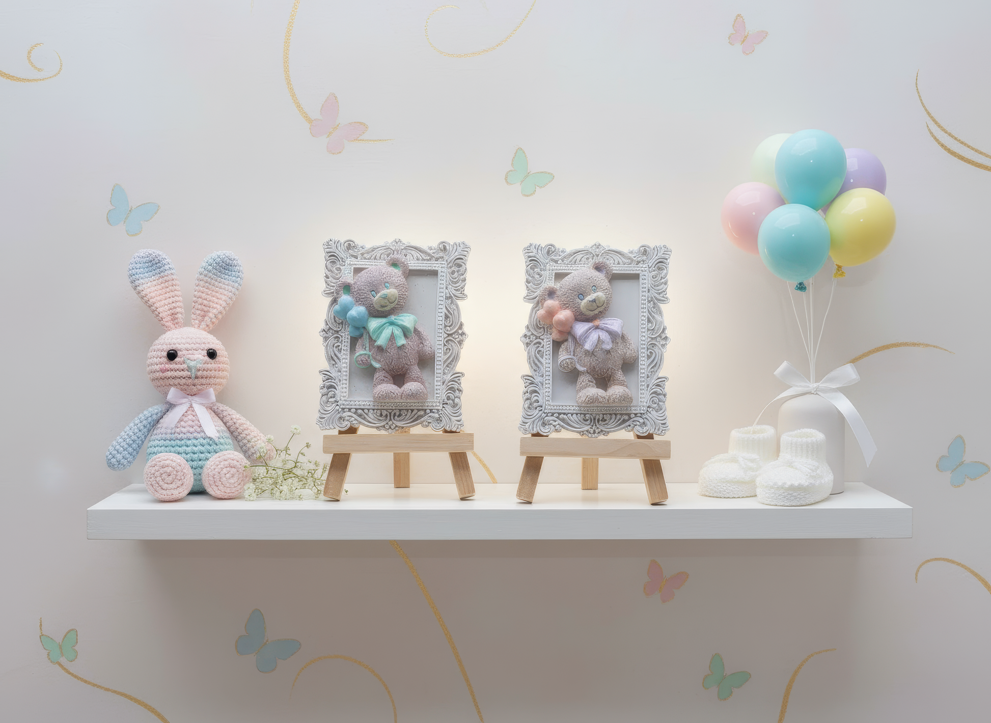 Mărturie ceramică ramă decorativă cu ursuleț, prezentare 
pastel cu flori și jucării