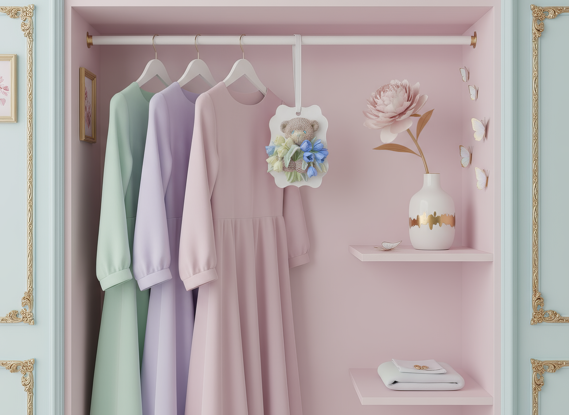 Detaliu figurină handmade din ceramică, ursuleț cu 
buchet albastru, pictat manual, magnet și variantă parfumată