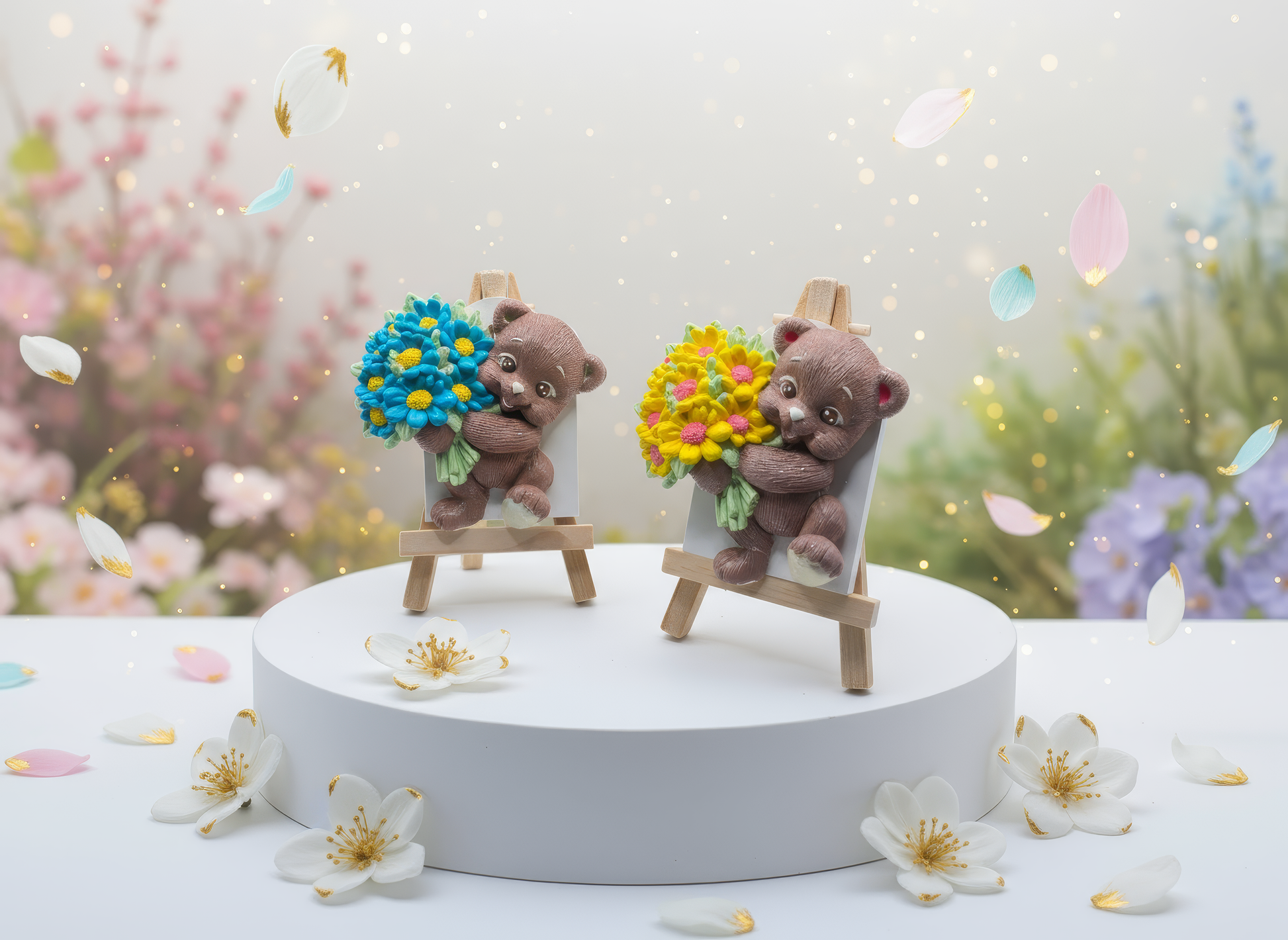 Figurină ceramică ursuleț cu buchet de flori albastre, decor 
botez sau aniversare