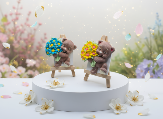 Figurină ceramică ursuleț cu buchet de flori albastre, decor 
botez sau aniversare