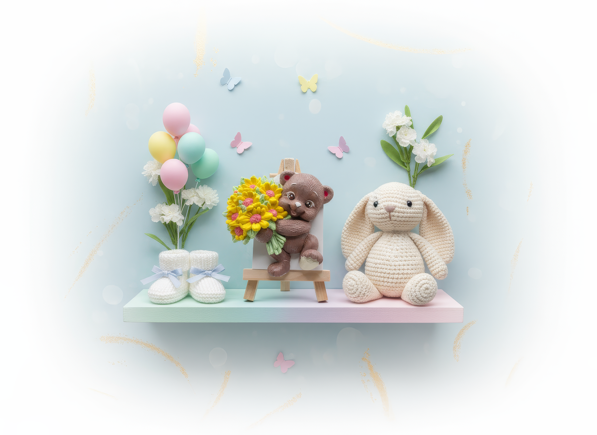 Cadou handmade din ceramică, ursuleț cu buchet, 
realizat manual, detalii pictate