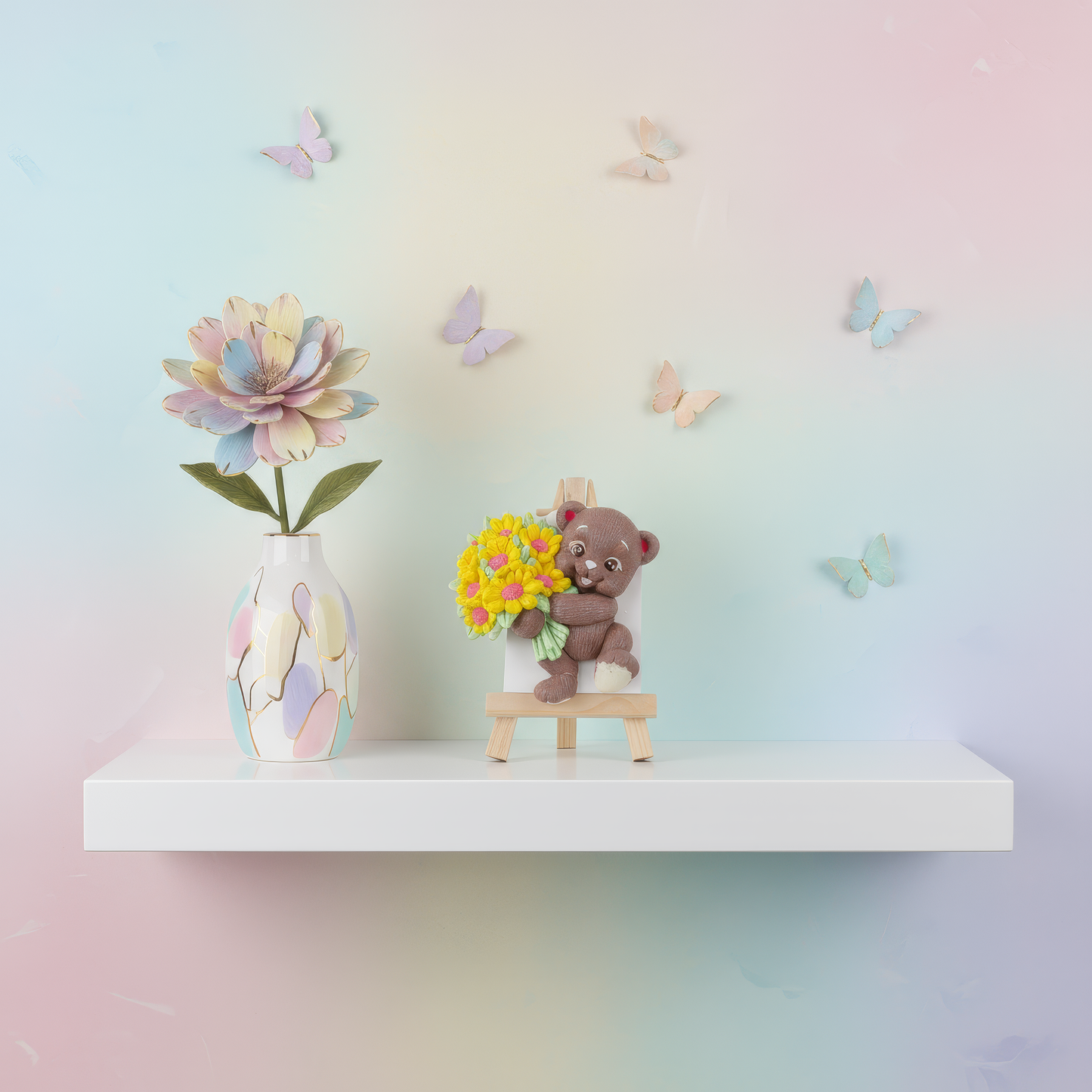 Mărturie ceramică ursuleț cu buchet de flori galbene, 
handmade, pictată manual