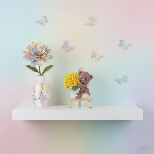 Mărturie ceramică ursuleț cu buchet de flori galbene, 
handmade, pictată manual