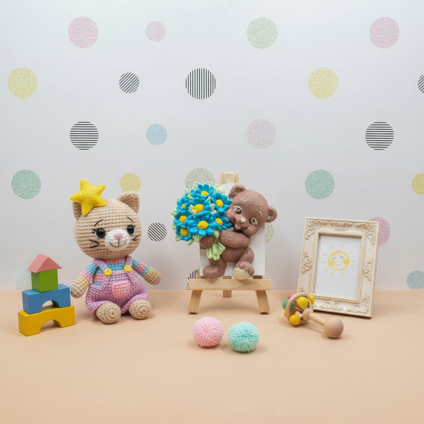 Ursuleț ceramic cu buchet floral, prezentare pastel cu 
jucării și baloane