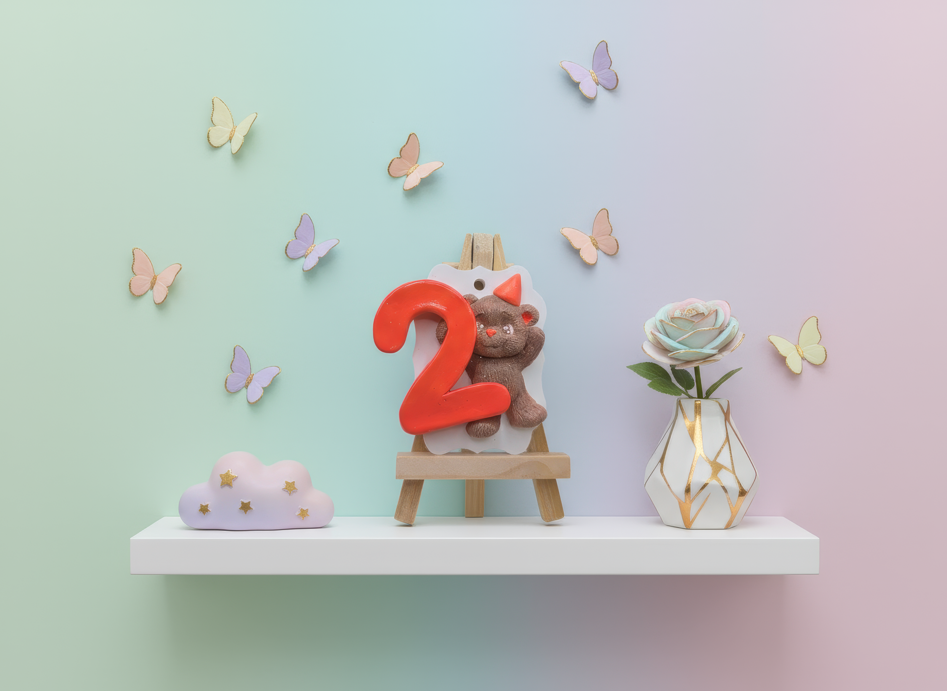 Set magneți ceramică — ursuleț cu cifra 2 în două culori, 
prezentare pastel