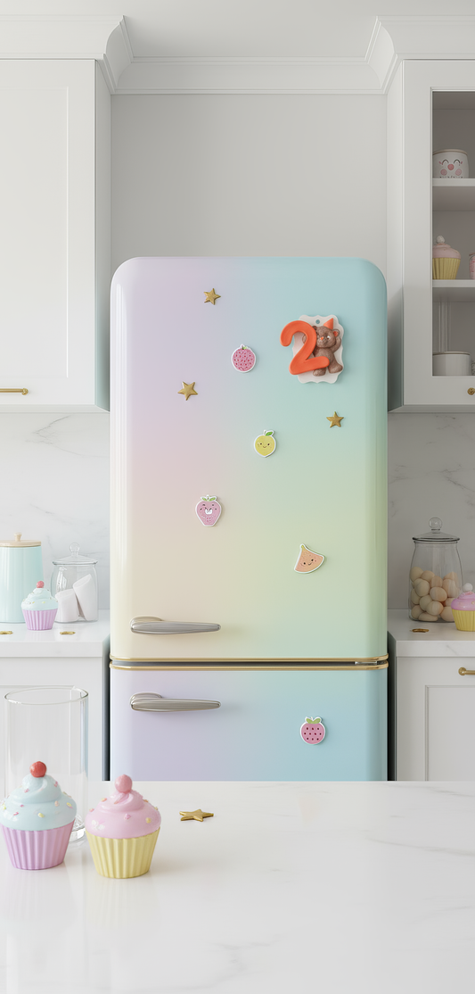 Magnet frigider ursuleț cu cifra 2, decor pastel în 
bucătărie