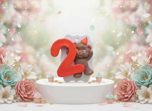 Magnet ceramic ursuleț cu cifra 2 roșie, handmade, 
pictată manual, prezentare florală