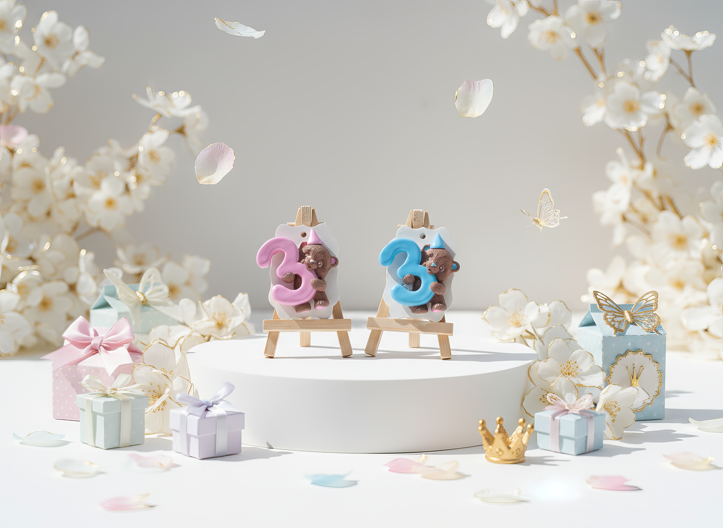 Cadou handmade din ceramică, ursuleț cu cifra 3, detalii 
pictate manual