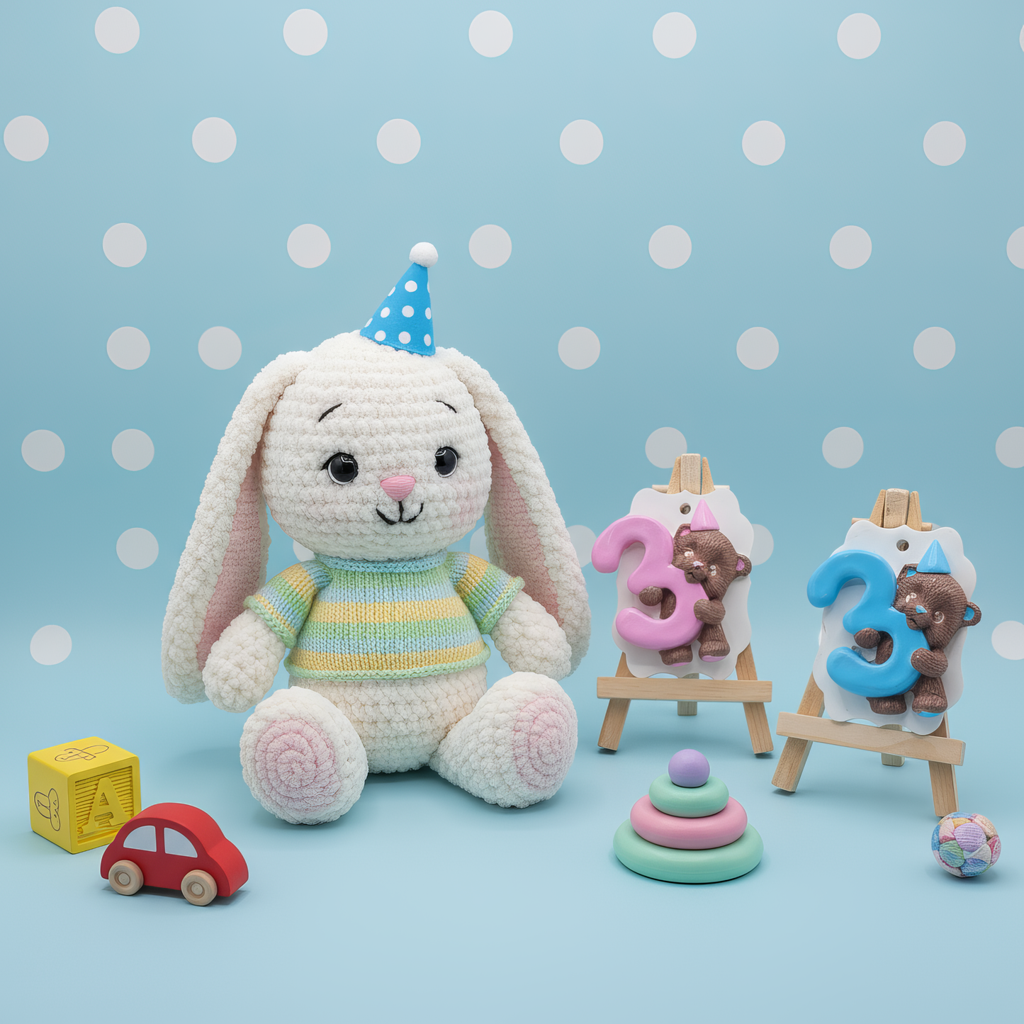 Figurină ceramică ursuleț cu cifra 3 roz, decor aniversar 
sau botez
