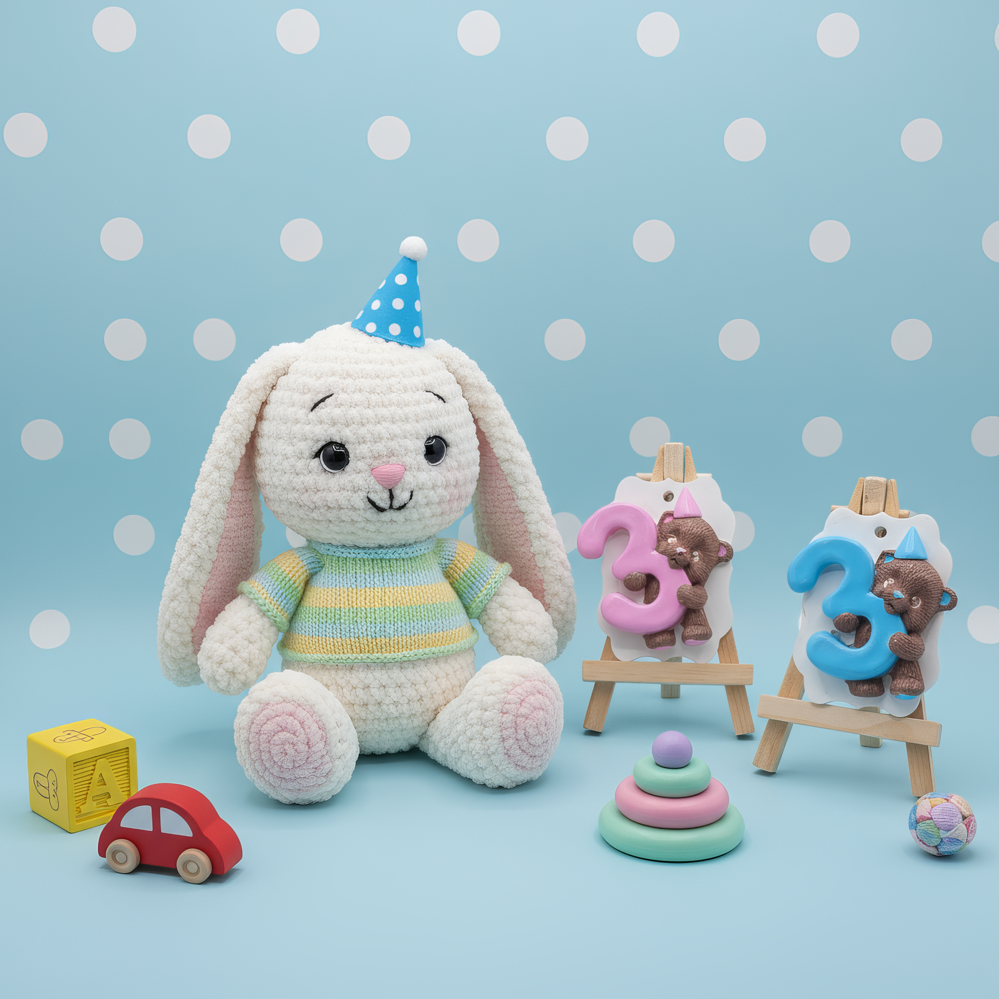 Figurină ceramică ursuleț cu cifra 3 roz, decor aniversar 
sau botez
