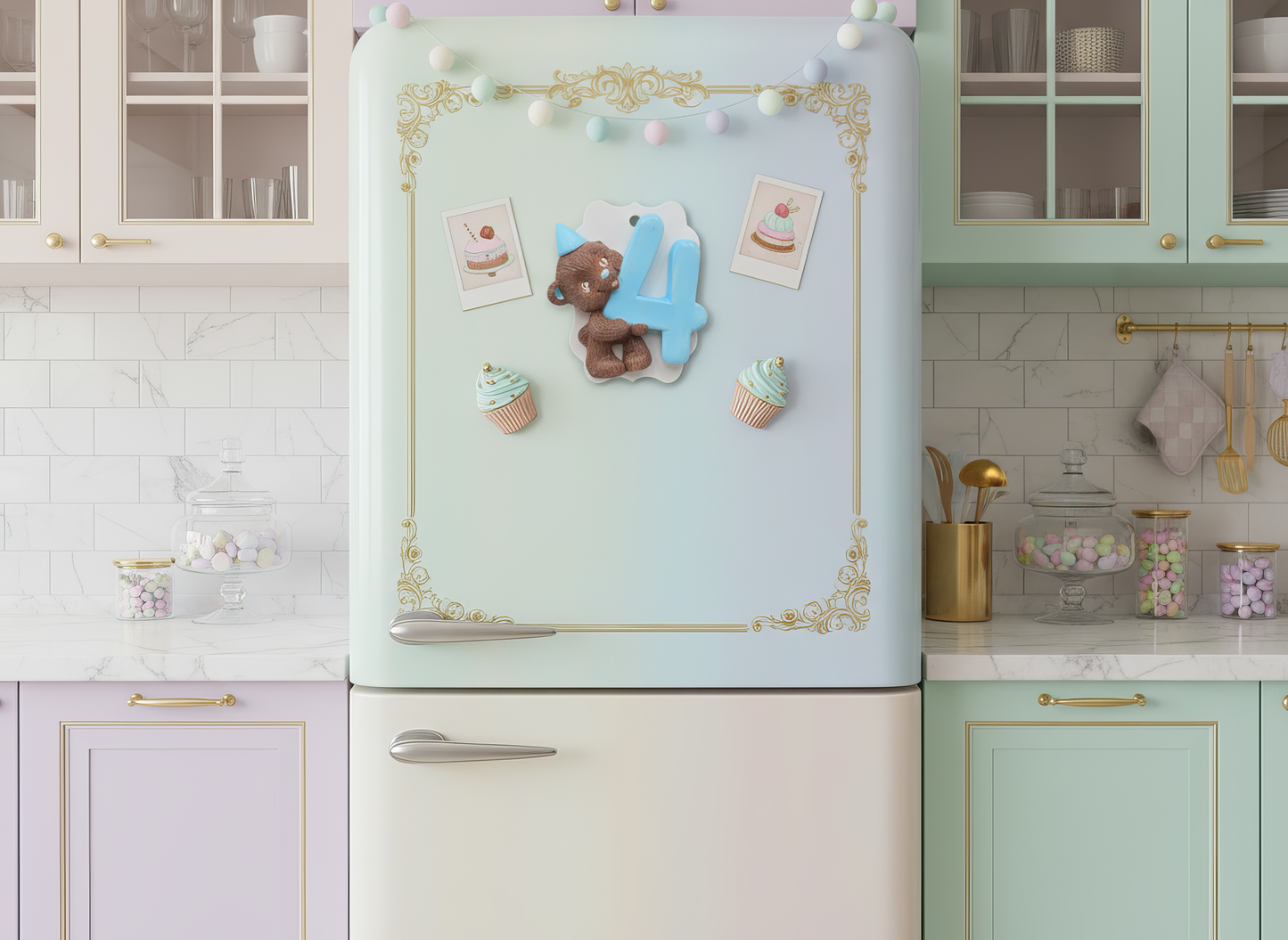 Magnet ceramic ursuleț cu cifra 4, decor frigider, 
handmade pictat manual