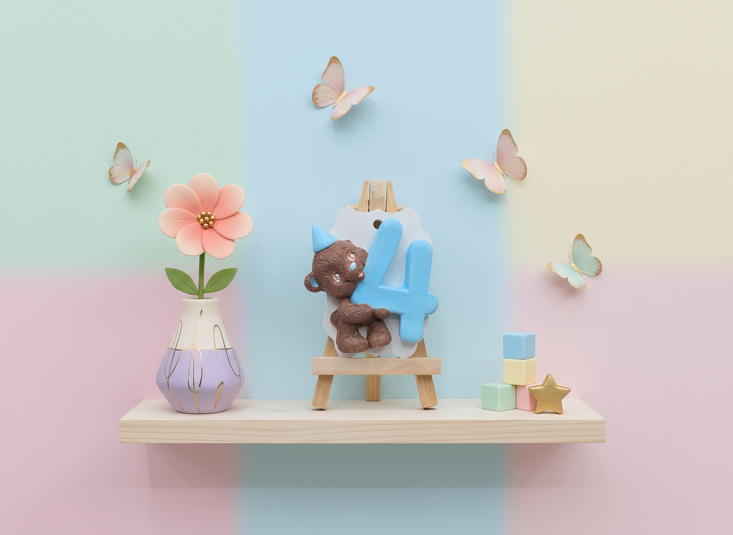 Magnet ceramic ursuleț cu cifra 4 albastră, handmade, 
pictat manual, decor aniversar