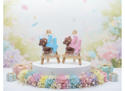 Magnet ceramic ursuleț cu cifra 4 roz, pictat manual, 
cadou aniversare copii