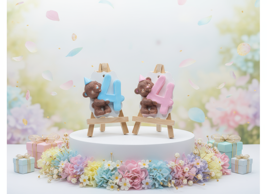 Magnet ceramic ursuleț cu cifra 4 roz, pictat manual, 
cadou aniversare copii