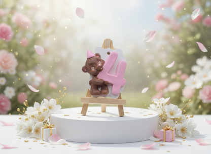 Amintire aniversare ceramică, ursuleț cu cifra 4, decor 
pastel floral