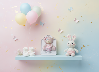 Mărturie botez ceramică ursuleț Love, prezentare cu 
jucării și baloane pastelate