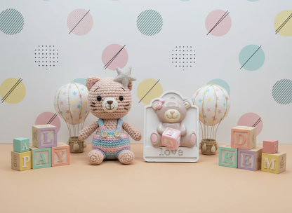 Figurină ceramică ursuleț cu cub, decor pastelat pentru 
botez sau aniversare