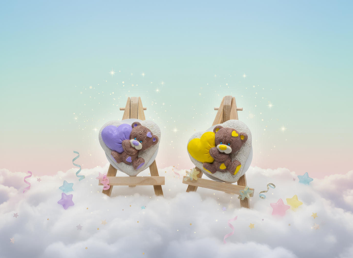 Magnet ceramic ursuleț cu inimă galbenă, handmade, pictat manual