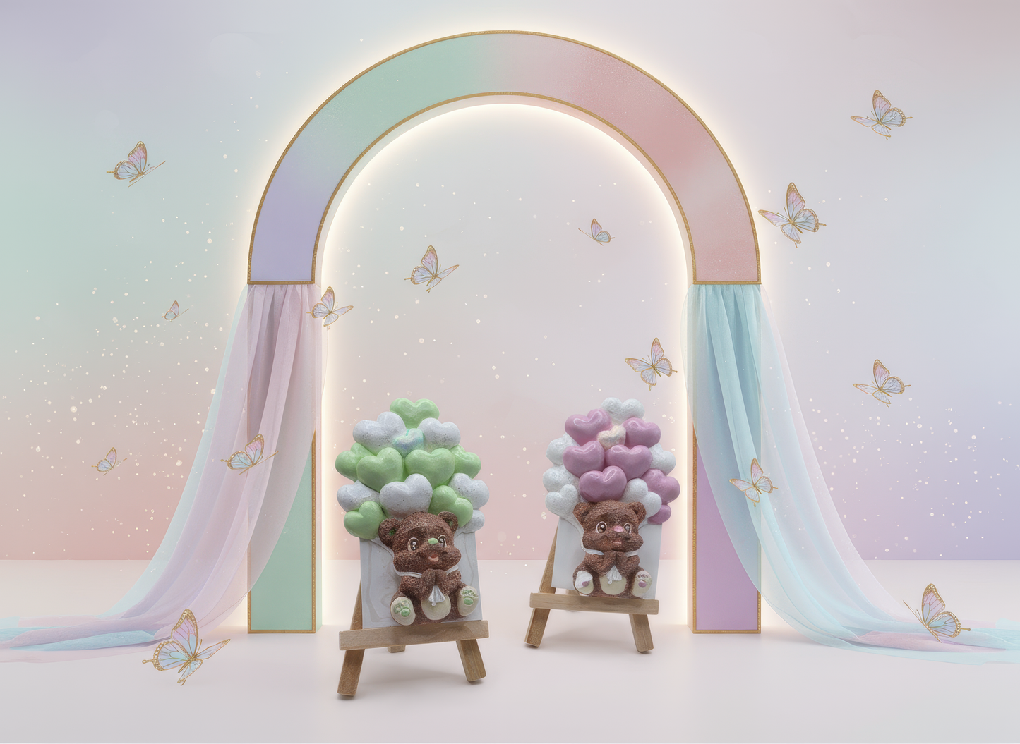 „Mărturie ceramică ursuleț cu inimioare pastel, handmade, 
pictată manual