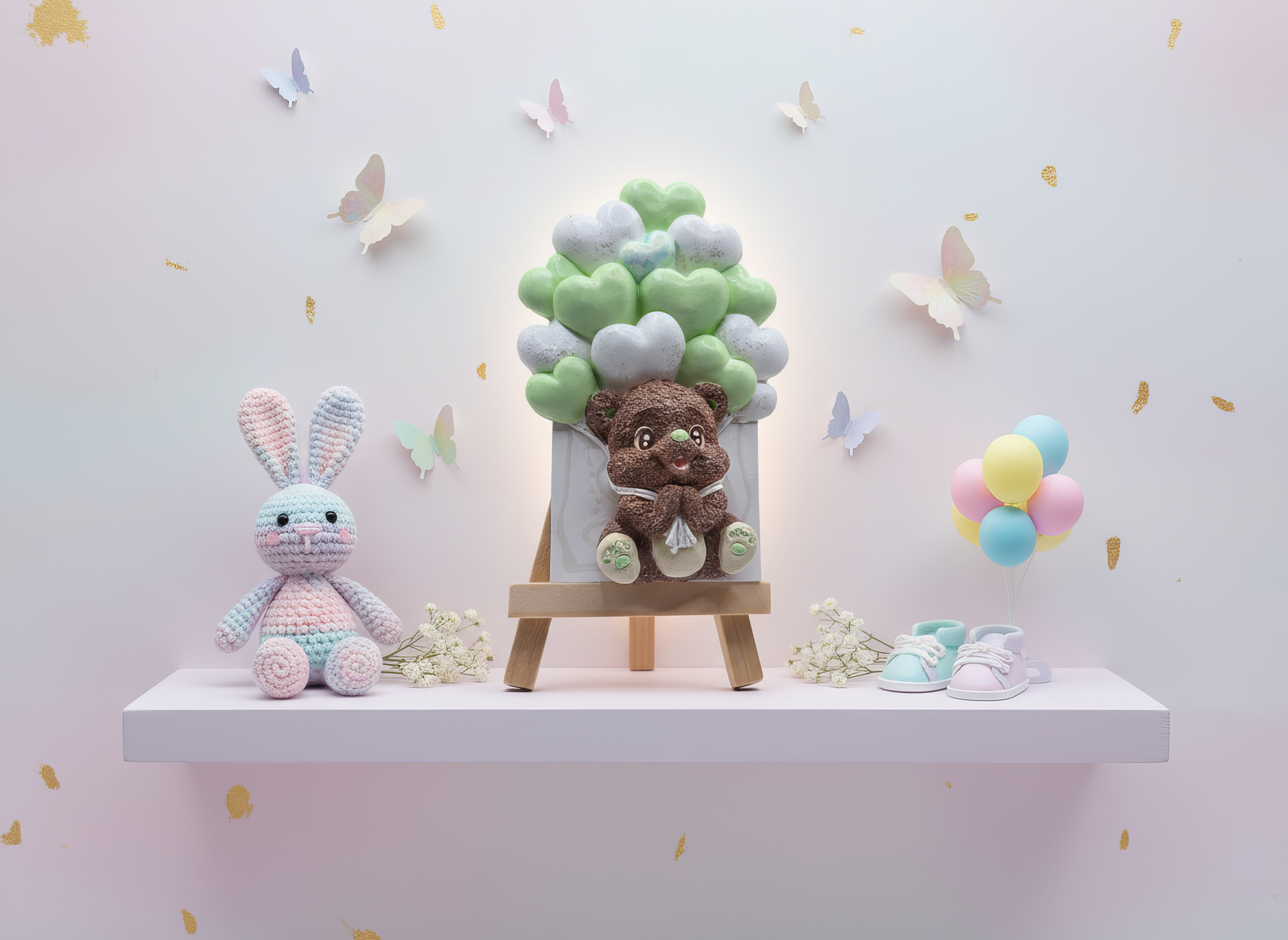 Mărturie ceramică ursuleț cu inimioare, decor pastel cu 
jucării și baloane