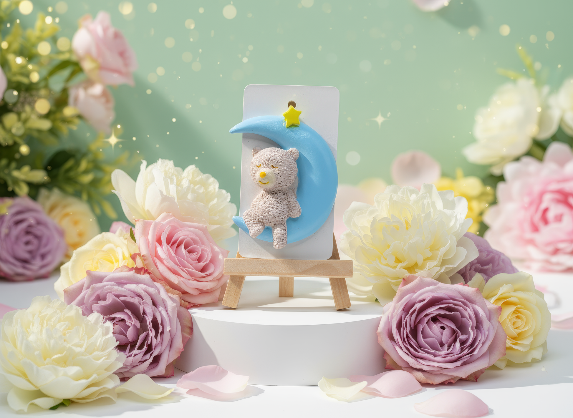 Mărturie ceramică ursuleț pe lună, decor pastel cu flori și 
baloane