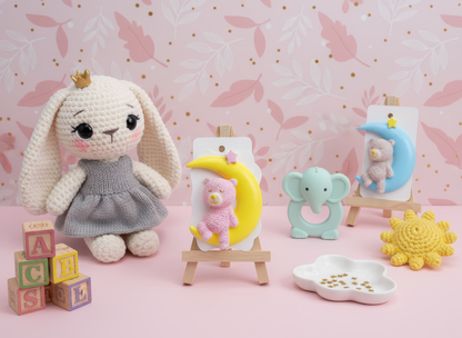 Mărturie ceramică ursuleț pe lună, decor pastel cu flori și 
baloane