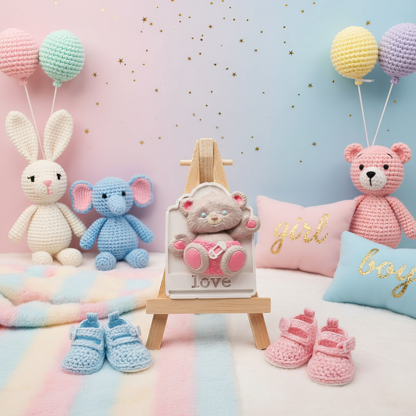 Ursuleț ceramic pentru 
botez sau baby shower, culori roz și galben, handmade